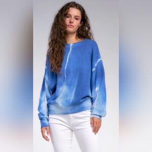 Elan Tie Dye Crew Neck Sweater Blue White Knit One Size Dolmam Sleeve Light Wt